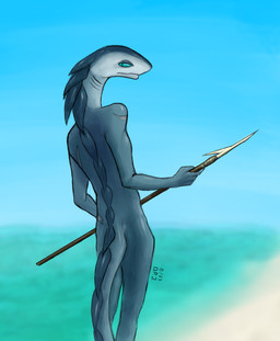 ambiguous_gender anthro beach blue_body blurred_background gills glistening looking_back melee_weapon nude polearm rear_view scar seaside smooth_skin solo spear teal_eyes weapon dirtypaperjoe aquatic fish shark 2023 absurd_res digital_drawing_(artwork) digital_media_(artwork) hi_res