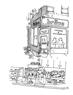 accessory anthro appliance apron cash_register clothed clothing coffee_maker coffee_mug coffee_shop door duo female hair_accessory hairband kitchen_appliance round_ears round_nose sign silhouette solo standing text work_uniform gaydottiff background_character juliet_(gaydottiff) mammal mouse murid murine rodent 2024 comic english_text hi_res monochrome trans_(lore) trans_woman_(lore)