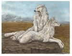 ambiguous_gender anthro detailed_background duo fur gaping_mouth landscape mountain open_mouth outcrop outside photorealism tail white_body white_fur yawn dark_natasha canid canine canis mammal wolf 2009 detailed smaller_version_at_source traditional_media_(artwork)