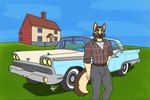 anthro clothed clothing detailed_background fur hair male solo vehicle delta_dewitt ford canid canine canis domestic_dog mammal digital_media_(artwork)