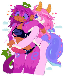 :3 anthro anthro_on_anthro bodily_fluids bra breasts chest_grab chin_piercing cleavage clothed clothing countershading drooling emanata eyelashes female female/female hair hand_on_strapon heart_symbol horn pink_hair plant_on_head saliva simple_background strapon tail underwear underwear_only vibrating catgenderzz mythology starburst_(catgenderzz) domestic_cat dragon felid feline felis haplorhine hybrid mammal monkey mythological_creature mythological_scalie primate scalie 2025 hi_res nonbinary_(lore)