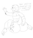 anthro anus anus_peek belt big_butt biped butt butt_grab claws clothed clothing curved_horn curvy_figure feet female flat_chested gloves hand_on_butt handwear horn huge_butt open_mouth pouch_(clothing) scales short_stack sitting solo spots spreading tail text thick_thighs topwear voluptuous wide_hips oscar_parke_(artist) fan_character piko_(simplifypm) humanoid kobold mammal reptile scalie 2024 black_and_white digital_drawing_(artwork) digital_media_(artwork) english_text full-length_portrait hi_res line_art monochrome portrait