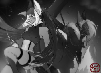 ambiguous_gender anthro armor breasts clothed clothing duo female fire fur hair kemono long_hair pigtails shield smoke text dalipuff canid canine fox mammal 2022 digital_media_(artwork) english_text greyscale hi_res monochrome