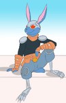 anthro armor armwear black_clothing black_topwear blue_body blue_ears blue_fur cheek_tuft closed_smile clothed clothing facial_tuft fur grey_helmet headgear helmet male mouth_closed obscured_eyes orange_armwear orange_clothing pink_inner_ear prosthetic prosthetic_leg prosthetic_limb sitting smile solo teeth topwear tuft bucklebunny lagomorph leporid mammal rabbit hi_res