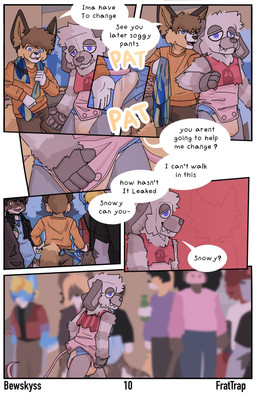 ageplay anthro beverage blue_clothing blue_eyes clothed clothing costume dialogue diaper infantilism jacket male mascot multicolored_diaper onesie orange_clothing orange_sweater orange_topwear roleplay scarf sweater text topwear unclean_diaper wearing_diaper bewskyss absurd_res comic english_text hi_res