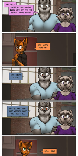 anthro dialogue female male male/female profanity text james_howard patreon alphonse_(james_howard) jill_(james_howard) richard_(james_howard) canid canine canis domestic_cat domestic_dog felid feline felis mammal wolf absurd_res comic english_text hi_res url