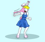 anthro biped blonde_hair blue_background blue_eyes breasts candy clothed clothing dessert digitigrade dress female fingers food fully_clothed fur goo_transformation hair lollipop motion_lines one_eye_closed onomatopoeia open_mouth pink_body pink_fur pink_inner_ear pink_tail simple_background solo sound_effects standing tail text topwear transformation white_body white_fur fox0808 jill_(scotskunk) lagomorph leporid mammal rabbit 2011 colored english_text