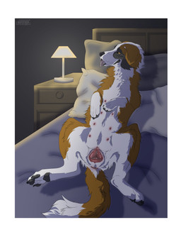 8_nipples amber_eyes anatomically_correct anatomically_correct_anus anatomically_correct_genitalia anatomically_correct_vulva animal_genitalia animal_vulva anus bed bedroom bedroom_eyes black_body black_face black_fur black_nose black_pawpads bodily_fluids border brown_body brown_fur butt canine_genitalia canine_vulva female feral floppy_ears fur furniture genital_fluids genitals in_heat lamp lamp_shade light looking_at_viewer lying monotone_anus monotone_genitals multi_nipple narrowed_eyes nipples on_back on_bed pawpads paws pink_anus pink_nipples pink_vulva plump_labia presenting presenting_anus presenting_hindquarters presenting_vulva quadruped seductive shadow solo spread_legs spreading text tongue tongue_out vaginal_fluids vulva white_body white_border white_fur hateeven canid canine canis domestic_dog mammal molosser mountain_dog saint_bernard 2022 dated digital_drawing_(artwork) digital_media_(artwork) english_text hi_res
