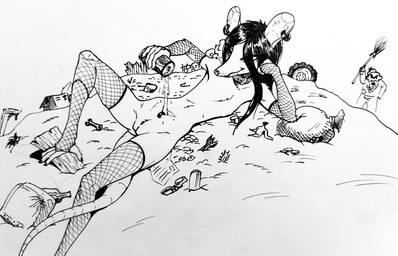 angry anthro beard black_hair broom cleaning_tool clothed clothing collar duo ear_piercing facial_hair female flat_chested furgonomics furry-specific_piercing genitals goatee hair male partially_clothed piercing pouch_(anatomy) pouch_piercing screaming smile trash vulva anonymous_artist maxine_(phlegraofmystery) american_opossum human mammal marsupial absurd_res hi_res