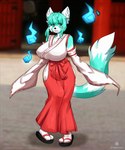 anthro asian_clothing big_breasts breasts clothing east_asian_clothing female flaming_orb huge_breasts japanese japanese_clothing japanese_shrine shrine_priestess slightly_chubby smile solo spirits thick_thighs hainequem mime_(mimechan) ailurid mammal red_panda absurd_res hi_res