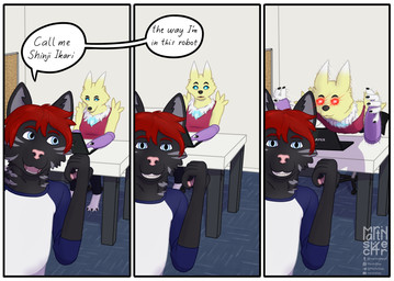 3_panel_comic 5_fingers anthro black_body black_fur black_nose blue_eyes bottomwear carpet carpeted_floor chair clothing computer corkboard desk dialogue digitigrade duo electronics eyebrows female fingers fur furniture glowing_red_eyes hair laptop looking_at_viewer male office_chair pants pawpads pink_nose red_hair shirt speech_bubble striped_body striped_fur stripes table tank_top text topwear yellow_body yellow_fur martin_shep bandai_namco digimon canid digimon_(species) domestic_cat felid feline felis mammal renamon robot_anthro comic english_text hi_res shaded watermark