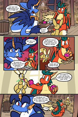 2_horns 5_panel_comic ambiguous_gender angry balloon balloon_with_face barrel biped black_text blue_body blue_fur blue_hair blue_wings bone bowl brown_body cheek_tuft clenched_teeth container dialogue ellipsis eyebrows eyelashes facial_tuft fangs feathered_wings feathers feral floor food fruit fur green_eyes green_text group hair hay hay_bale holding_food holding_fruit holding_object horn inflatable inside jewelry looking_aside looking_back open_mouth orange_body page_number pendant plant question_mark red_eyes scales sharp_teeth sound_effects speech_bubble standing tail talking_to_another teeth text tongue toony trio tuft white_sclera window wings wood wood_floor virmir mythology renbrand roko_kirihoko saida animate_inanimate canid canine couatl dragon feathered_scalie feathered_snake fox living_inflatable mammal mythological_creature mythological_scalie reptile scalie snake 2025 2:3 absurd_res comic english_text hi_res signature