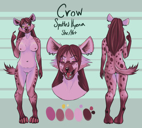 anthro breasts fangs_bared female genitals hair long_hair nipples nude nude_anthro nude_female piercing solo spots standing text vulva yellow_eyes the_gothicyeen crow_(the_gothicyeen) hyena mammal spotted_hyena 2026 character_name digital_media_(artwork) hi_res model_sheet
