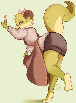 3_toes 4_fingers accessory anthro apron barefoot bottomwear bow_ribbon breasts butt claws clothed clothing collared_shirt countershade_face countershade_feet countershading dress_shirt exposure_variation feet female finger_claws fingers green_background green_body hair_accessory hair_bow hair_ribbon heart_symbol horn leaning leaning_forward looking_at_viewer looking_back looking_back_at_viewer medium_breasts on_one_leg open_mouth open_smile raised_foot raised_leg ribbons shirt shorts side_view simple_background smile soles solo standing text tiptoes toe_claws toes topwear conditional_dnp tohupo lemon_(tohupo) kobold reptile scalie 2023 absurd_res artist_name colored dated digital_media_(artwork) hi_res shaded signature simple_shading