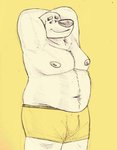 anthro areola belly big_belly big_nose black_nose bulge clothed clothing eyebrows hands_behind_head love_handles male navel overweight overweight_anthro overweight_male pecs seductive simple_background slightly_chubby smile solo standing thick_eyebrows thick_thighs underwear underwear_only sosososleazy sam_and_max samuel_dog canid canine canis domestic_dog mammal 2020 black_and_white hi_res monochrome portrait sketch three-quarter_portrait