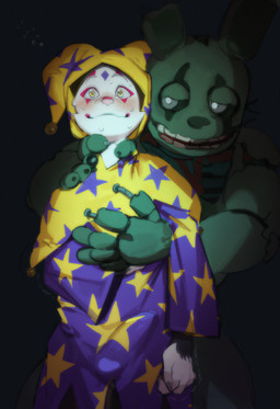 5_fingers anthro anthro_on_anthro black_body black_fur bodily_fluids bulge canon_x_oc claws clothed clothed_anthro clothed_male clothing clown detailed_bulge duo erection erection_under_clothing finger_claws fingers flying_sweatdrops fool's_hat fur green_body green_nose green_sclera grey_claws grey_eyes half-closed_eyes hand_on_chest hand_on_hand hat headgear headwear interspecies looking_aside machine male male_anthro mouth_closed multicolored_body multicolored_clothing multicolored_fur multicolored_robe narrowed_eyes neck_grab nervous nude nude_anthro nude_male open_mouth pattern_clothing pattern_hat pattern_headgear pattern_headwear pattern_robe pupils purple_clothing purple_hat purple_headwear purple_robe robe shaking sweat sweatdrop sweaty_face teeth trembling two_tone_body two_tone_fur two_tone_hat two_tone_robe white_body white_fur white_pupils yellow_clothing yellow_eyes yellow_hat yellow_headwear yellow_robe kogito five_nights_at_freddy's five_nights_at_freddy's_3 scottgames springtrap_(fnaf) animatronic domestic_cat felid feline felis lagomorph leporid mammal rabbit robot undead 2025 absurd_res hi_res
