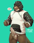 anthro balls big_penis blep bottomless bottomless_anthro bottomless_male clothed clothing covered_eyes drawstring drawstring_hoodie erection furry-specific_brand genitals hood_up hoodie hoodie_only humanoid_genitalia humanoid_penis lewd_symbolism male penis simple_background solo standing tail teal_background tongue tongue_out topwear topwear_only senor_nutria rudderbutts lars_(rudderbutts) giant_otter mammal mustelid otter river_otter 2023 hi_res pictographics portrait signature three-quarter_portrait