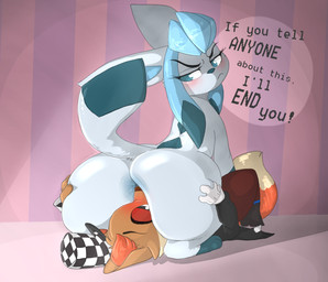 ambiguous_gender anus anus_only big_butt blue_body blue_eyes blue_fur blush brown_body brown_fur butt butt_grab butt_sniffing clothed clothing dialogue dipstick_tail duo facesitting female female/ambiguous feral fur gloves hair half-closed_eyes hand_on_another's_butt hand_on_butt handwear hat head_between_buttocks headgear headwear markings narrowed_eyes nose_to_anus shirt simple_background sitting sitting_on_another sniffing speech_bubble tail tail_markings text thick_thighs topwear white_tail_tip wide_hips backsash nintendo pokemon sarah_(simplifypm) braixen canid eeveelution generation_4_pokemon generation_6_pokemon glaceon mammal pokemon_(species) 2018 absurd_res digital_media_(artwork) english_text hi_res