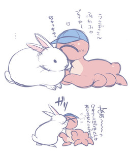 clothing duo eyes_closed hat headgear headwear heart_symbol simple_background text ichthy0stega alien lagomorph leporid mammal rabbit 2015 japanese_text