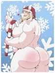 anthro beard belly biceps big_butt big_muscles big_pecs blonde_hair blue_background blush border bubble_butt butt candy candy_cane christmas_clothing christmas_headwear claws clothing dessert eyebrows facial_hair food fur gesture hair hand_gesture hat headgear headwear heart_symbol holding_candy holding_food holding_object holidays horn huge_butt huge_thighs long_ears looking_at_viewer looking_back looking_back_at_viewer male musclegut muscular muscular_anthro muscular_male mustache nipples nude pecs pubes rear_view santa_hat simple_background smile snow snowflake snowing solo standing thick_thighs tuft v_sign white_body white_border white_fur thecaptainteddy christmas undertale undertale_(series) asgore_dreemurr boss_monster_(undertale) bovid caprine goat mammal 2023 hi_res