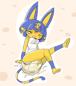 anthro big_diaper blue_hair blush bodily_fluids clothed clothing diaper diaper_masturbation female full-face_blush genital_fluids hair hand_on_diaper markings one_eye_closed one_leg_up pantsless pantsless_female psssh raised_leg solo sound_effects striped_markings striped_tail stripes tail tail_markings touching_diaper unclean_diaper uraeus urine used_diaper using_diaper vowelless vowelless_sound_effect wearing_diaper wet_diaper wetting wetting_diaper yellow_body floomygami animal_crossing nintendo ankha_(animal_crossing) domestic_cat felid feline felis mammal 2025