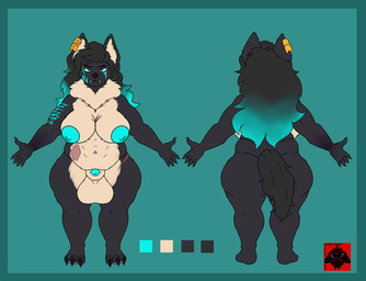 animal_genitalia anthro arm_tattoo balls big_balls big_breasts big_butt biped blue_border blue_eyes border breasts butt dark_hair ear_piercing front_view fully_sheathed genitals glowing glowing_eyes glowing_genitalia glowing_penis gynomorph huge_balls intersex looking_at_viewer medium_length_hair penis piercing rear_view scar scars_all_over sheath simple_background solo standing tattoo thick_thighs wide_hips cherryterror canid canine canis dire_wolf mammal prehistoric_species wolf 2025 detailed hi_res model_sheet
