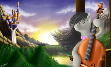 black_hair bow_(feature) bow_(stringed_instrument) bow_tie bowed_string_instrument canterlot castle cello cloud day detailed_background eyes_closed female feral forest fur grey_body grey_fur hair holding_object landscape musical_instrument nature outside plant playing_music sky solo string_instrument sun tree sa1ntmax friendship_is_magic hasbro my_little_pony octavia_(mlp) earth_pony equid equine horse mammal pony 2013 5:3 hi_res