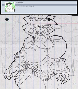 anthro ask_blog belt big_breasts bottomwear breasts bullet bullet_belt cactus clothing crop_top female gloves gun hair handgun handwear hat headgear headwear holster huge_breasts jacket navel pistol plant ranged_weapon shirt shorts solo teeth text thick_thighs topwear user_avatar user_message username weapon wild_west virus-20 june_coyote canid canine canis coyote mammal 2014 english_text sketch traditional_media_(artwork)