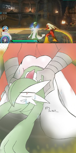 all_fours ambiguous_gender ambiguous_penetration anthro ass_up bodily_fluids dialogue drooling duo_focus feathers green_hair group gui hair humanoid_on_anthro open_mouth penetration red_body red_feathers saliva sex sweat text yougrover nintendo pokemon pokken_tournament avian bird blaziken gardevoir generation_3_pokemon humanoid pokemon_(species) digital_media_(artwork) english_text hi_res