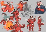 2_horns anthro asian_clothing breath_powers clothing east_asian_clothing elemental_manipulation fire fire_breathing fire_manipulation fundoshi hair horn japanese_clothing kimono male musclegut muscular red_body red_scales scales underwear white_hair lowerkuo mythology dragon mythological_creature mythological_scalie scalie hi_res model_sheet
