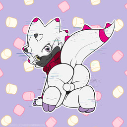 anthro backsack balls butt genitals heterochromia horn male perineum presenting presenting_hindquarters scales scarf seductive smile smirk solo tail white_body white_scales young mrpandragon bandai_namco digimon digimon_(species) gammamon scalie 1:1 hi_res