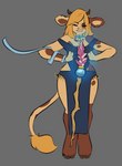 4_fingers anthro bell bell_collar blonde_hair brown_body brown_fur clothing collar dress eyes_closed female fingers fur hair hooves horn magic simple_background solo staff standing cinnamimi alice_lovage bovid bovine cattle mammal 2022 hi_res