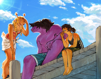 ambiguous_gender ambiguous_human anthro antlers blonde_hair boardwalk bodily_fluids bottomwear braided_hair brown_hair caustics clothed clothing cloud eyes_closed featureless_chest female flat_chested freckled_arms freckled_chest freckled_face freckled_legs freckled_shoulders freckles glistening green_clothing green_swimming_trunks green_swimwear hair hairy_legs happy hidden_eyes hooves horn one-piece_swimsuit open_mouth pier popsicle_stick purple_body red_top reflection relaxing sarong shorts sitting sky smile speckle_freckles summer sun sunburn sweat sweatdrop swimming_trunks swimwear tail teeth water water_reflection wharf yellow_body yellow_teeth colicolicolicoli deltarune undertale_(series) kris_dreemurr noelle_holiday susie_(deltarune) deer human mammal scalie 2025 digital_media_(artwork) hi_res signature nonbinary_(lore)