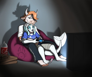 anthro bean_bag beverage beverage_bottle bottle bottomwear box clothing container controller duo electronics fin game_controller gaming pants pizza_box relaxing shirt shorts soda soda_bottle tail tail_fin television topwear white_body hyenalover2000 aquatic bovid bovine cattle mammal pinniped seal hi_res