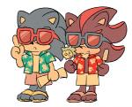 aloha_shirt anthro blue_body blue_fur bottomwear clothing dessert duo eating eyewear food footwear fur holding_food holding_object ice_cream male pattern_clothing pattern_shirt pattern_topwear red_body red_fur sandals shirt shoes shorts simple_background sunglasses topwear white_background sikai sega sonic_the_hedgehog_(series) shadow_the_hedgehog sonic_the_hedgehog eulipotyphlan hedgehog mammal