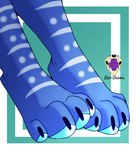 ambiguous_gender anthro black_claws blue_body blue_pawpads blue_skin claws feet foot_focus foot_shot leg_markings logo markings pawpads paws simple_background solo spots spotted_markings striped_markings stripes toe_claws toes eko-okami mara_bluufin signature female_(lore)