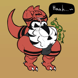 ambiguous_gender ambiguous_prey anthro anthro_pred arm_markings balls_outline belly belly_markings big_belly big_butt black_sclera bulge butt claws clothed clothing detailed_bulge digestion erection facial_markings genital_outline hands_behind_back head_markings huge_belly huge_butt leg_markings looking_at_belly looking_at_own_belly looking_down male male_anthro male_pred markings multicolored_body open_mouth oral_vore penis_on_belly penis_outline rumbling_stomach sharp_teeth shortstack shortstack_male simple_background solo speech_bubble squirming struggling struggling_prey tail tail_markings teeth tenting text thick_thighs thong thong_only toe_claws tongue tongue_out topless topless_anthro topless_male underwear underwear_only vore white_eyes kanida bandai_namco digimon kanida_(kanida) digimon_(species) guilmon scalie 1:1 digital_drawing_(artwork) digital_media_(artwork) hi_res