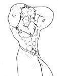 abs anthro barazoku big_muscles biped black_and_white clothed clothing felid fur grisser hair hands_behind_head line_art lion looking_at_viewer male mammal monochrome muscular muscular_anthro muscular_male pantherine pose pubes simple_background solo standing towel towel_only white_background