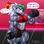 1:1 abs anthro bicep_curl biceps big_muscles bottomwear breasts canid canine canis choker clenched_teeth clothing crop_top dialogue dumbbell e4hargus ear_piercing english_text exercise eyelashes facial_markings female fingerless_gloves five_nights_at_freddy's five_nights_at_freddy's:_security_breach food fur gloves green_hair grey_body grey_fur hair handwear head_markings hi_res hotpants huge_muscles hyper hyper_muscles jewelry lipstick makeup mammal markings muscular muscular_anthro muscular_female necklace piercing pizza poster roxanne_wolf scottgames shirt shorts solo speech_bubble steel_wool_studios talking_to_self teeth text thick_thighs topwear vein veiny_muscles weights wolf workout