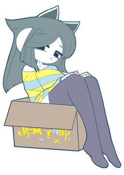 4_ears anthro big_eyes black_clothing black_footwear black_legwear black_socks black_thigh_highs black_thigh_socks blue_clothing blue_sweater blue_topwear box breasts clothing container female footwear fur grey_hair hair legwear long_hair multi_ear pattern_clothing pattern_sweater pattern_topwear simple_background simple_eyes sitting socks solo striped_clothing striped_sweater striped_topwear stripes sweater thick_thighs thigh_highs thigh_socks thin_calves topwear white_background white_body white_fur hss_dada undertale undertale_(series) temmie_(undertale) domestic_cat felid feline felis mammal tem absurd_res digital_media_(artwork) hi_res