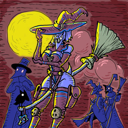 ambiguous_gender anthro arms_bent armwear blue_body blue_hair boots breasts broom broom_riding brown_clothing cleaning_tool cleavage clothed clothing elbow_gloves eyewear facing_each_other female footwear front_view glasses gloves group hair handwear hat headgear headwear holding_broom holding_cleaning_tool holding_object knee_pads legwear leotard light looking_at_viewer magic_user medium_hair moon moonlight plague_doctor pouch_(clothing) red_sky shoes short_tail skimpy sky small_waist smile smiling_at_viewer solo_focus standing strapless_clothing strapless_leotard tail thigh_boots thigh_highs wearing_glasses wearing_hat wide_hips witch witch_hat zhmernalt familiar humanoid steamfalish_witch 1:1 2026 hi_res