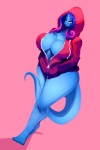 alien big_breasts blue_body blue_eyes blue_hair blue_skin bottomless breasts cleavage clothed clothing female hair hoodie huge_breasts humanoid mirabelle multicolored_hair not_furry pink_background purple_hair riendonut simple_background solo topwear two_tone_hair