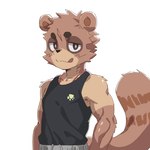 anthro biceps clothing male muscular muscular_male shirt simple_background solo tank_top tongue tongue_out topwear white_background leeksaltboy tanuki_kun_(leeksaltboy) canid canine mammal raccoon_dog tanuki