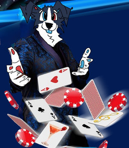 ace_of_clubs ace_of_hearts ace_of_spades alcohol ambiguous_gender anthro aura beverage clothing cocktail cocktail_glass container cup drinking_glass gambling glass glass_container glass_cup heterochromia magician magician_robe motion_lines musical_note musical_symbol poker_chip robe solo symbol bronk bronk_(colliedeer) border_collie canid canine canis collie domestic_dog herding_dog mammal pastoral_dog sheepdog draw_over