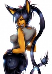 anthro black_hair breasts butt clothing collar female hair long_hair looking_at_viewer pupils slit_pupils solo yellow_eyes darklitria cjrfm saf_the_lynx felid feline lynx mammal hi_res