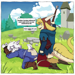 anthro armor bdsm bondage bottomwear bound clothing cloud crossed_arms detailed_background dialogue dialogue_box diaper duo grass_field holding_object holding_weapon male male/male medieval medieval_clothing pants plant restraints rope rope_bondage text torn_bottomwear torn_clothing torn_pants tree wardrobe_malfunction weapon wearing zweihander doritomuncher mythology dionysus_(cheetoeater) canid canine canis dragon mammal mythological_creature mythological_scalie scalie wolf 1:1 english_text hi_res