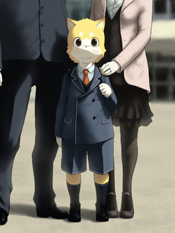 ambiguous_gender anthro bottomwear clothed clothing female footwear fully_clothed fur group legwear looking_at_viewer male necktie shoes shorts smile socks standing yellow_body yellow_fur young young_anthro furemani canid canine canis domestic_dog mammal 2015 3:4 hi_res