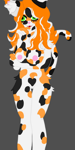 anthro areola arm_under_breasts big_breasts black_ears black_markings breasts feet female fur genitals green_eyes grey_background hair inner_ear_fluff long_hair looking_at_viewer markings mottled multicolored_body multicolored_ears multicolored_fur multicolored_hair multicolored_tail nipples nude open_mouth orange_hair orange_markings piebald pink_nose pose short_fur simple_background smile solo tail teeth thick_thighs tuft vulva white_body white_ears white_fur puppybaileyyy calico_cat domestic_cat felid feline felis mammal absurd_res digital_media_(artwork) hi_res pinup