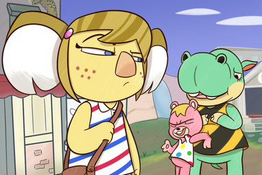 3_fingers anthro bangs belly belly_squish bent_arm big_nose black_eyebrows black_eyes black_nose blonde_hair blue_eyes blue_sky blue_stripes brick_wall buckteeth building claws closed_frown clothed clothed_anthro clothed_female clothed_male clothing cloud day door doorway dress eyebrows eyelashes eyes_closed female fingers freckled_face freckles frown frowning_at_another fur grass green_body green_skin green_tail group hair hand_pawpads larger_anthro larger_male leaning_on_another male mouth_closed multicolored_body multicolored_clothing multicolored_dress multicolored_skin open_mouth open_smile outside pattern_clothing pattern_dress pattern_shirt pattern_tank_top pattern_topwear pawpads pink_body pink_fur pink_pawpads pink_tongue plant red_freckles red_inner_ear red_stripes shirt short_hair shoulder_bag size_difference sky smaller_anthro smaller_male smile squish stairs standing striped_clothing striped_dress striped_shirt striped_tank_top striped_topwear stripes suspicious tail tan_nose tank_top teeth tongue topwear trio two_tone_body two_tone_skin wall_(structure) waterfall white_claws white_clothing white_dress white_inner_ear white_shirt white_tank_top white_topwear yellow_body yellow_clothing yellow_fur yellow_shirt yellow_skin yellow_tank_top yellow_topwear cookieboy011 animal_crossing nintendo alice_(animal_crossing) rocco_(animal_crossing) vladimir_(animal_crossing) bear common_hippopotamus hippopotamid koala mammal marsupial vombatiform 2020 digital_drawing_(artwork) digital_media_(artwork) english_description shaded story story_in_description