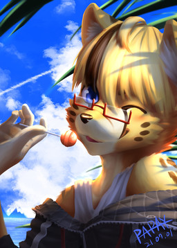 anthro black_clothing black_hair black_topwear blonde_hair blue_eyes blue_sky candy clothed clothing cloud dessert eyewear facial_spots food fur glasses glistening glistening_eyes grey_clothing grey_topwear hair lollipop looking_at_viewer male markings multicolored_hair one_eye_closed outside rectangular_glasses sky smile solo spots spotted_body spotted_face spotted_fur topwear two_tone_hair white_clothing white_topwear yellow_body yellow_fur papayafurry felid mammal 2021 absurd_res bust_portrait dated hi_res portrait